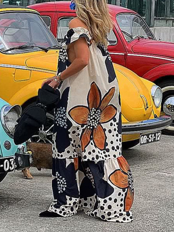 Split-Joint Flower Print Short Sleeves Loose Off-The-Shoulder Maxi Dresses