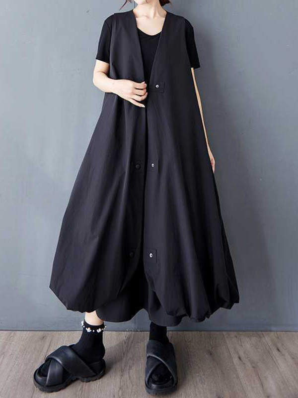 Solid Color Pockets Pleated Buttoned Sleeveless Loose V-Neck Vest Outerwear Midi Dresses