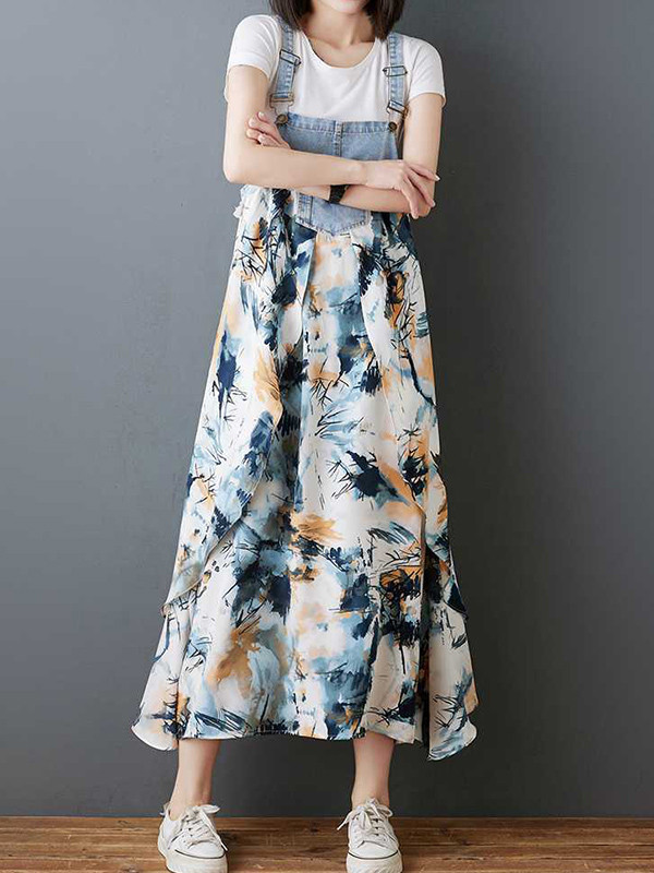 Split-Joint Pockets Flower Print Sleeveless Plus Size Spaghetti-Neck Suspender Dress Maxi Dresses