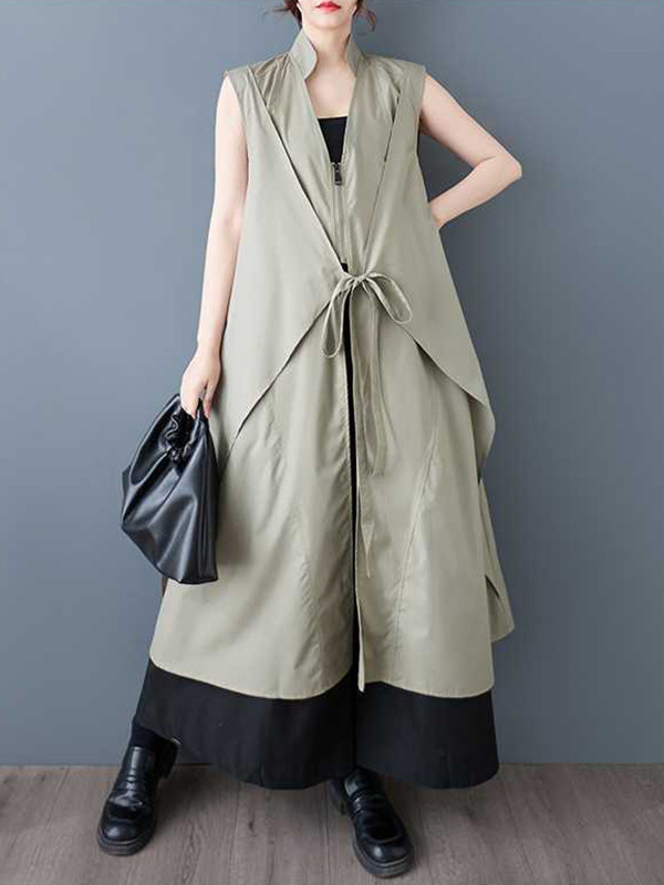 Zipper Tied Solid Color Pockets Sleeveless Loose V-Neck Shirt Dress Midi Dresses