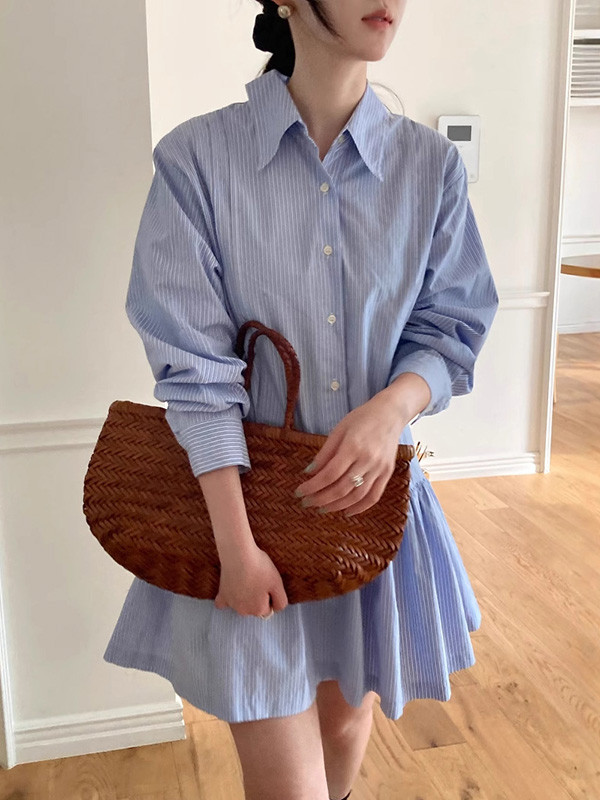 Striped Pleated Buttoned Loose Long Sleeves Lapel Shirt Dress Mini Dresses