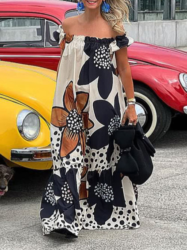 Split-Joint Flower Print Short Sleeves Loose Off-The-Shoulder Maxi Dresses