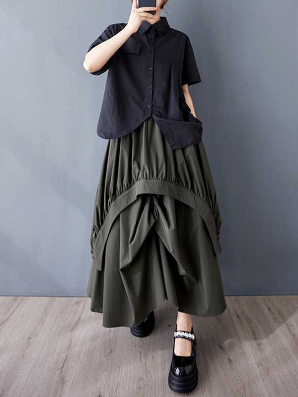 Solid Color Pockets Pleated Elasticity Asymmetric Loose A-Line Skirts