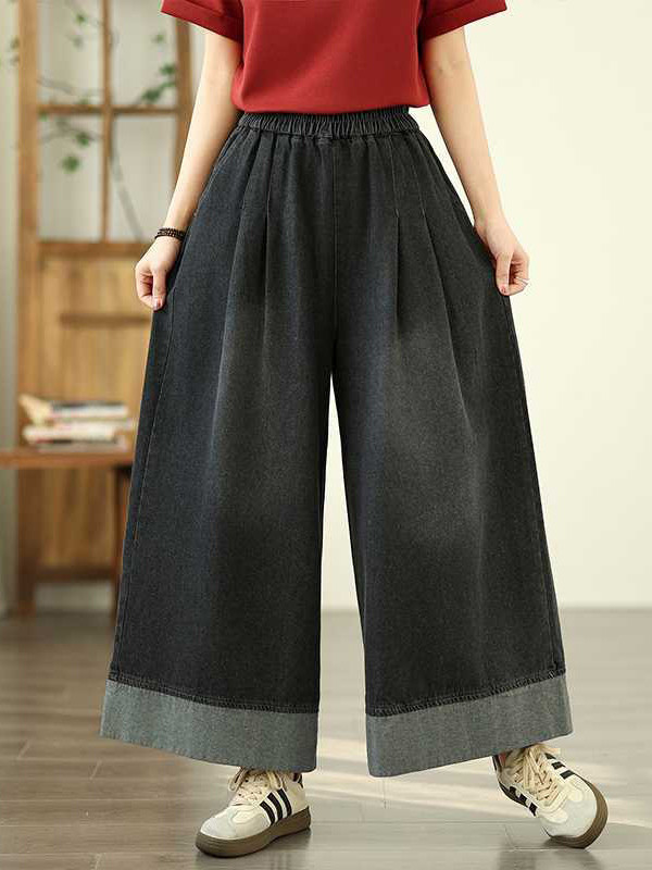 Pockets Pleated Elasticity Wide Leg Loose Trousers Jean Pants Bottoms