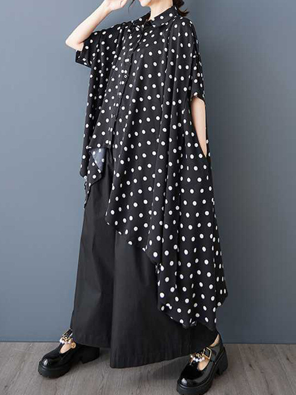 Polka-Dot Buttoned Asymmetric Short Sleeves Loose Lapel Shirt Dress Midi Dresses