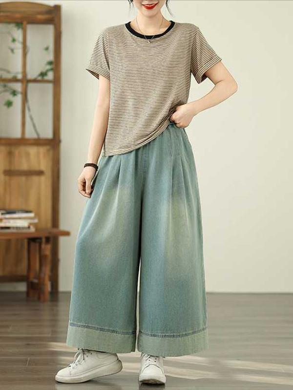 Pockets Pleated Elasticity Wide Leg Loose Trousers Jean Pants Bottoms