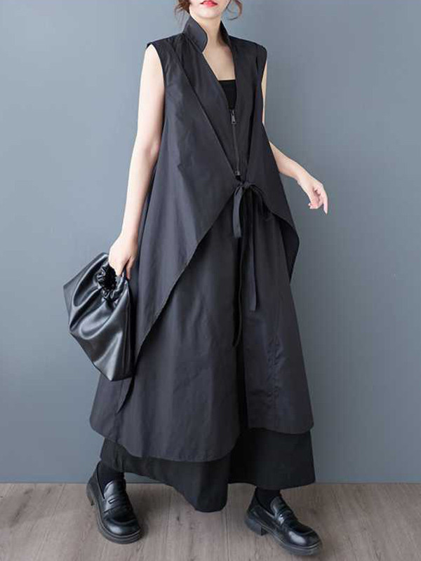 Zipper Tied Solid Color Pockets Sleeveless Loose V-Neck Shirt Dress Midi Dresses