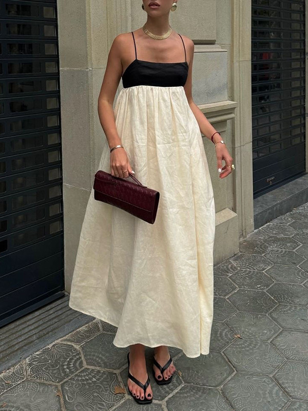 Split-Joint Pleated Contrast Color Loose A-Line Spaghetti-Neck Maxi Dresses