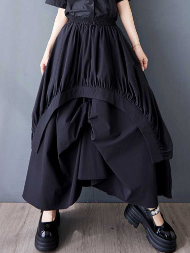 Solid Color Pockets Pleated Elasticity Asymmetric Loose A-Line Skirts