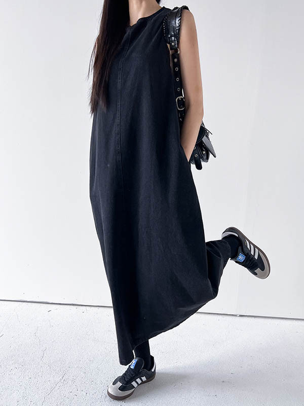 Tied Solid Color Pockets Sleeveless Loose Round-Neck Maxi Dresses