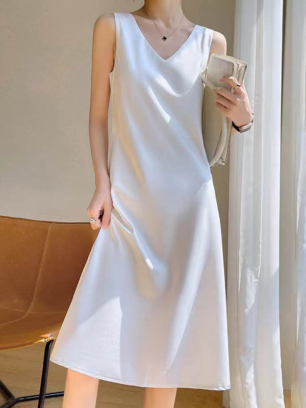 Solid Color Sleeveless Loose V-Neck Midi Dresses