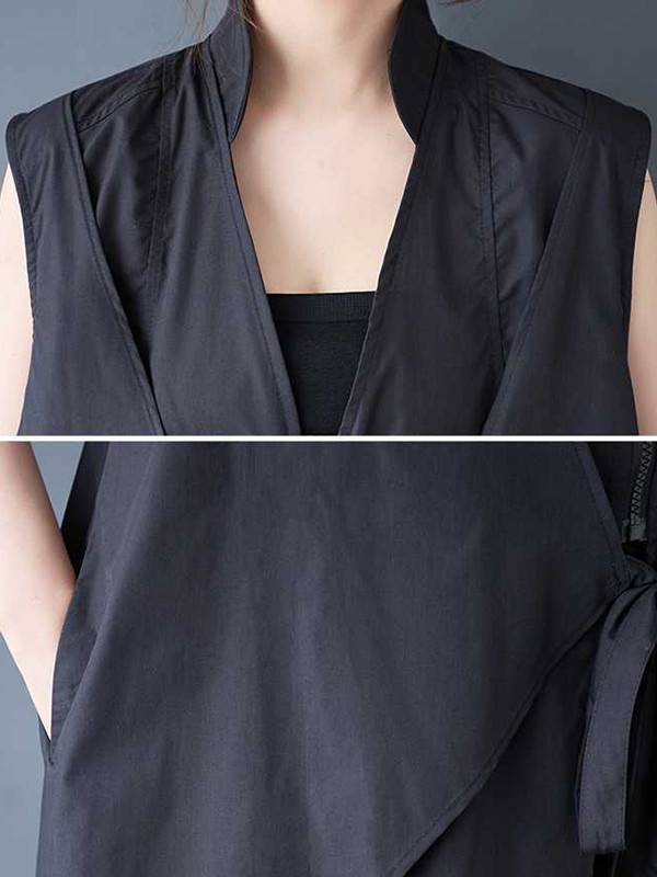 Zipper Tied Solid Color Pockets Sleeveless Loose V-Neck Shirt Dress Midi Dresses
