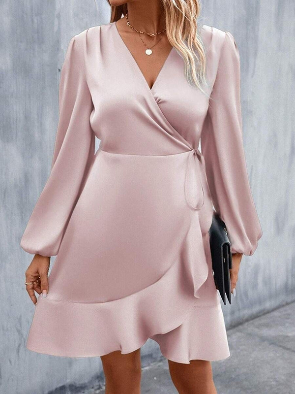 Tied Split-Joint Solid Color Pleated Elasticity Puff Sleeves Loose V-Neck Mini Dresses