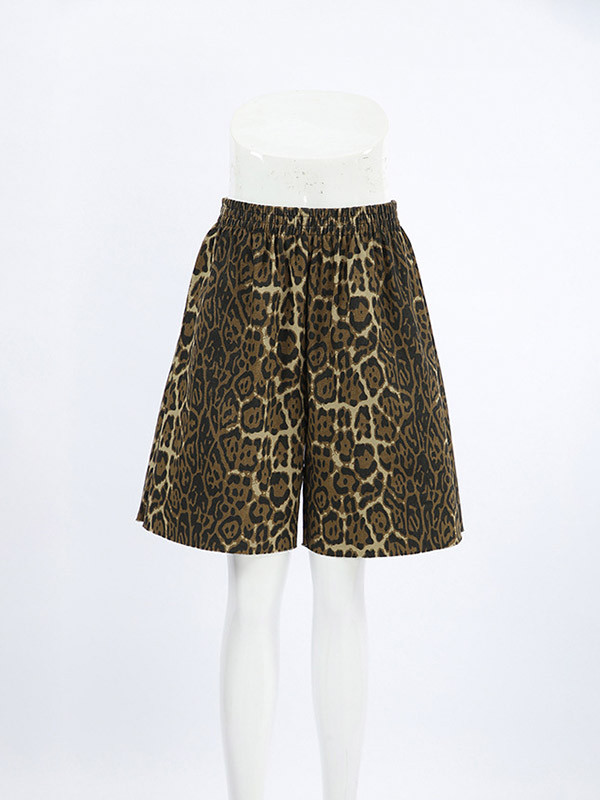 Split-Joint Leopard Elasticity Wide Leg Loose Denim Shorts