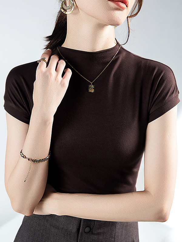 Solid Color Skinny Short Sleeves Mock Neck T-Shirts Tops