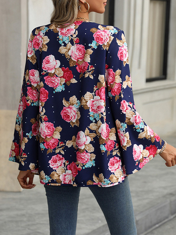 Flower Print Loose Long Sleeves Collarless Outerwear