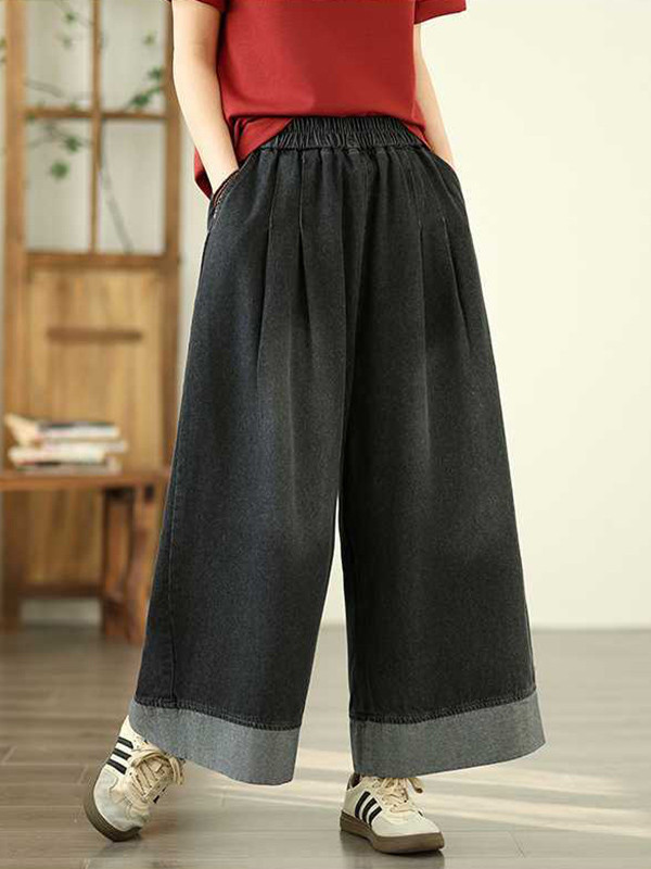 Pockets Pleated Elasticity Wide Leg Loose Trousers Jean Pants Bottoms