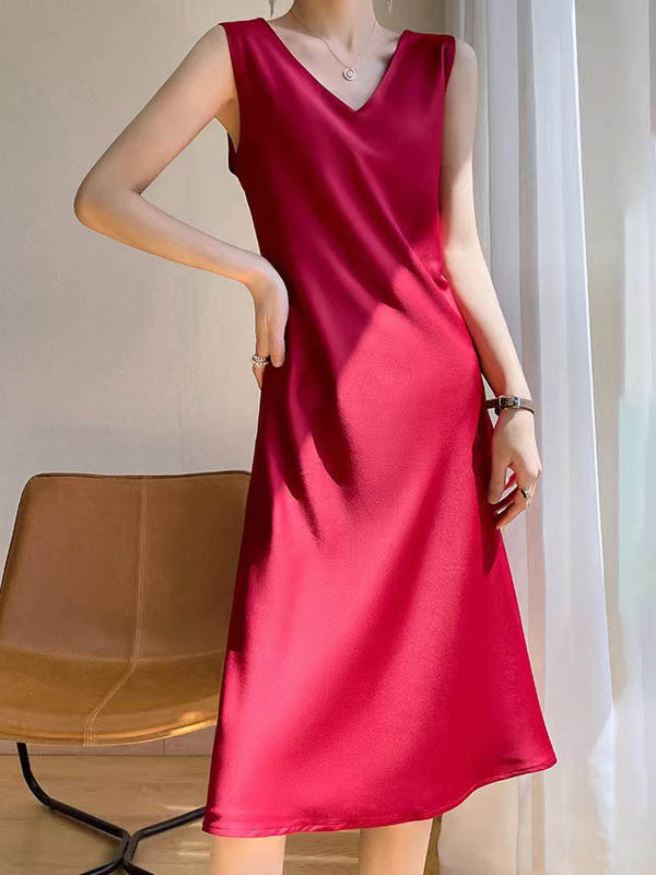 Solid Color Sleeveless Loose V-Neck Midi Dresses
