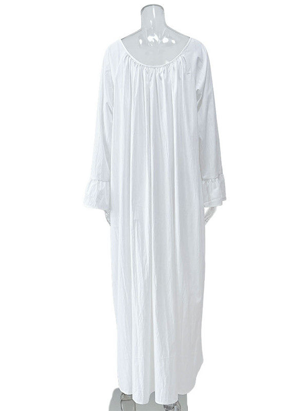 Split-Joint Solid Color Pleated Loose Flared Sleeves Round-Neck Maxi Dresses