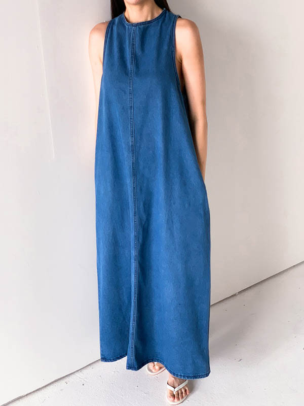 Tied Solid Color Pockets Sleeveless Loose Round-Neck Maxi Dresses
