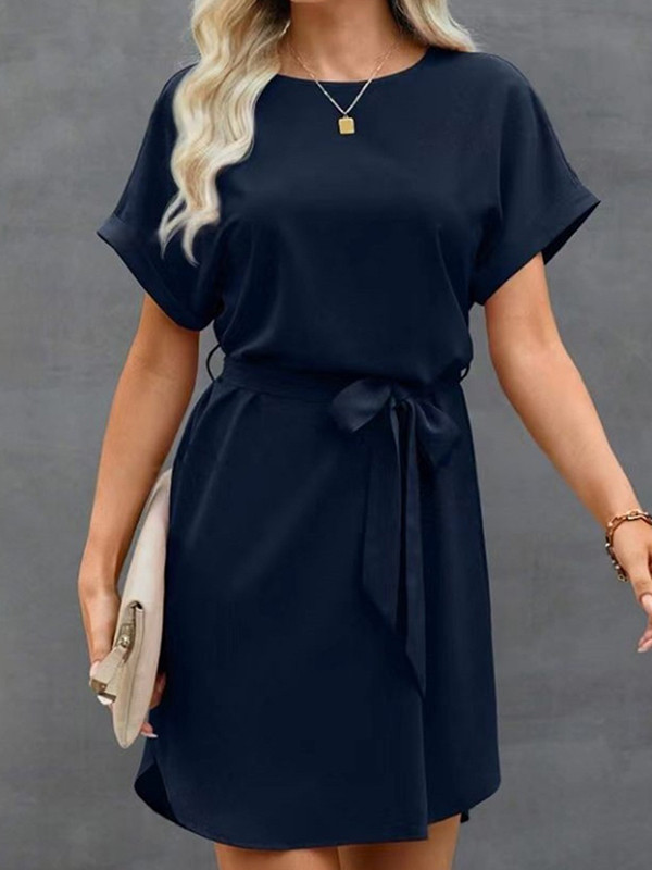 Tied Waist Solid Color Short Sleeves Loose Round-Neck Mini Dresses
