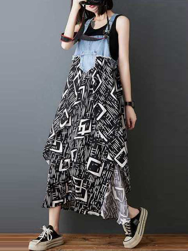 Split-Joint Pockets Flower Print Sleeveless Plus Size Spaghetti-Neck Suspender Dress Maxi Dresses