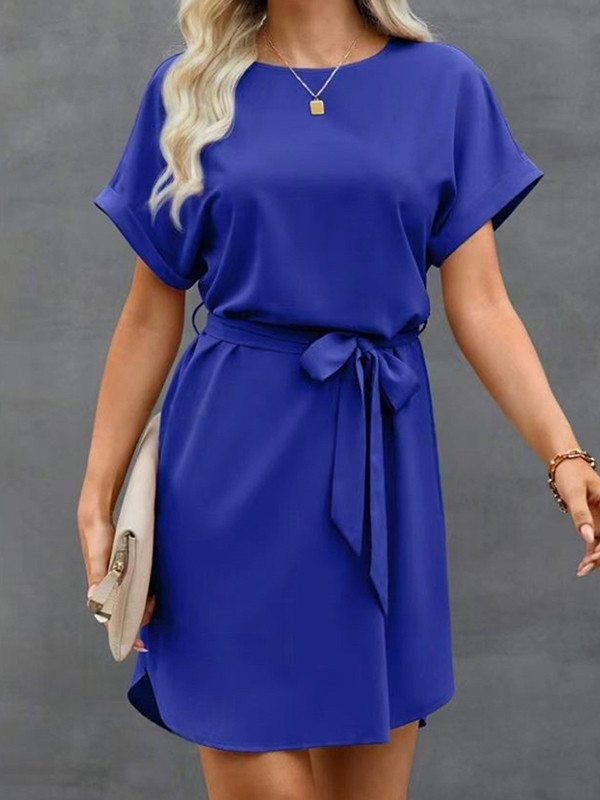 Tied Waist Solid Color Short Sleeves Loose Round-Neck Mini Dresses