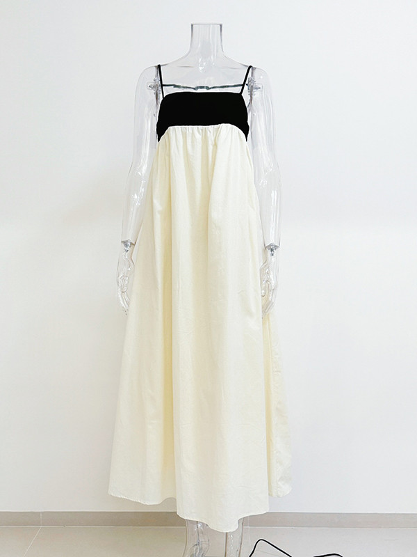 Split-Joint Pleated Contrast Color Loose A-Line Spaghetti-Neck Maxi Dresses