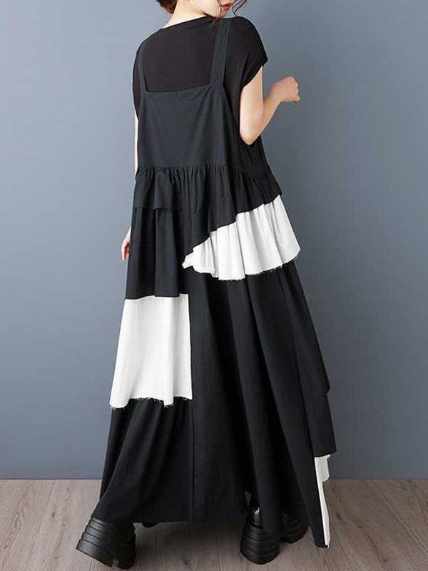 Pleated Buttoned Asymmetric Sleeveless Loose Spaghetti-Neck Suspender Dress Maxi Dresses