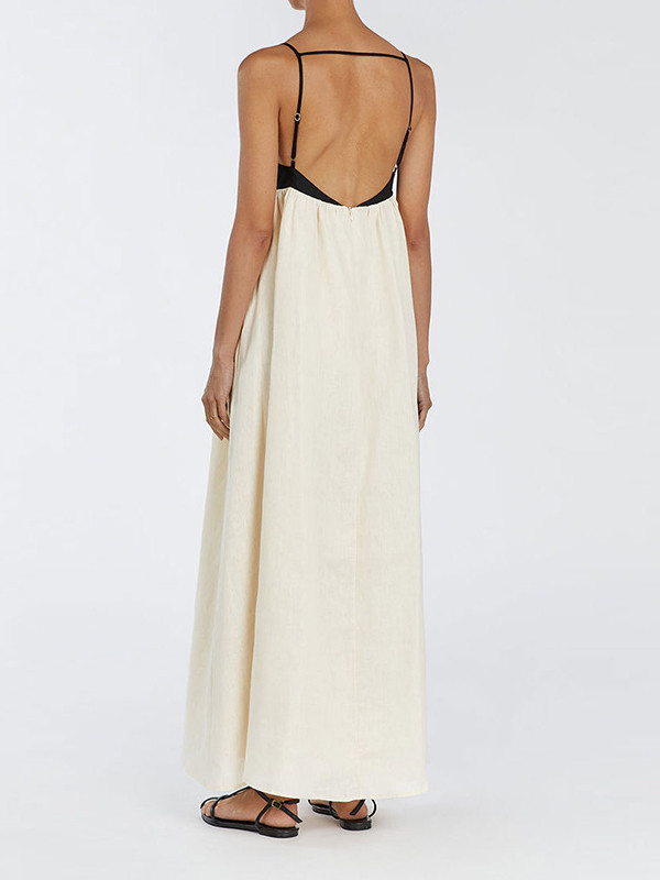 Split-Joint Pleated Contrast Color Loose A-Line Spaghetti-Neck Maxi Dresses