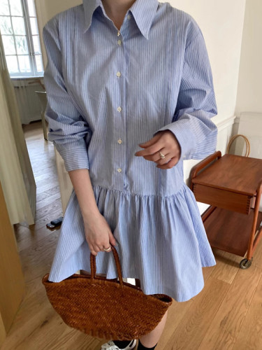 Striped Pleated Buttoned Loose Long Sleeves Lapel Shirt Dress Mini Dresses