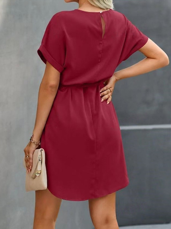 Tied Waist Solid Color Short Sleeves Loose Round-Neck Mini Dresses