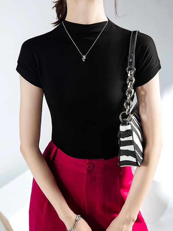Solid Color Skinny Short Sleeves Mock Neck T-Shirts Tops