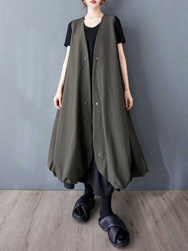 Solid Color Pockets Pleated Buttoned Sleeveless Loose V-Neck Vest Outerwear Midi Dresses