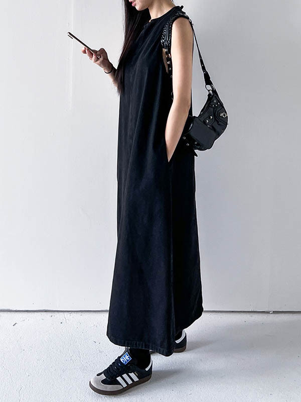 Tied Solid Color Pockets Sleeveless Loose Round-Neck Maxi Dresses