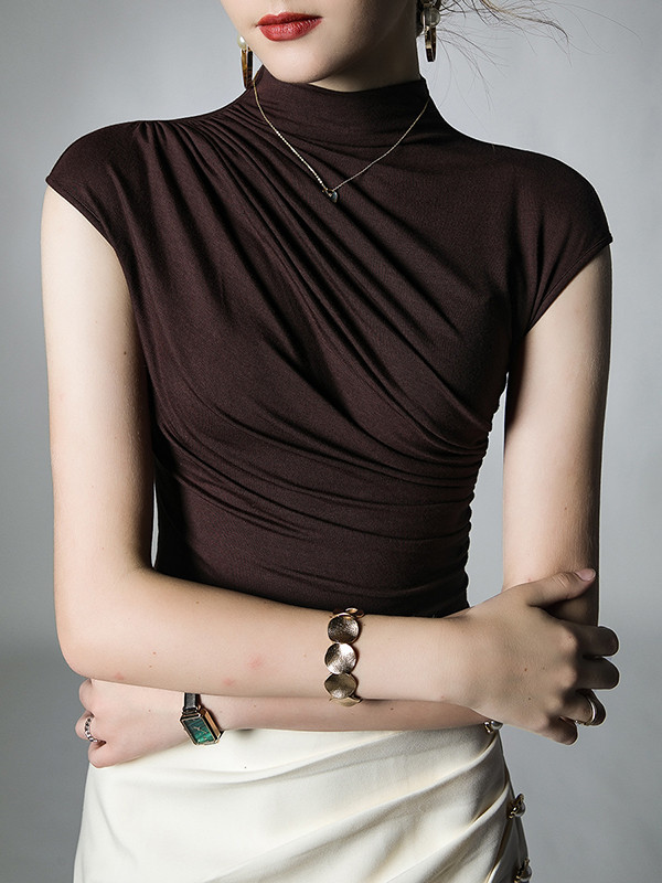 Solid Color Pleated Skinny Mock Neck T-Shirts Tops