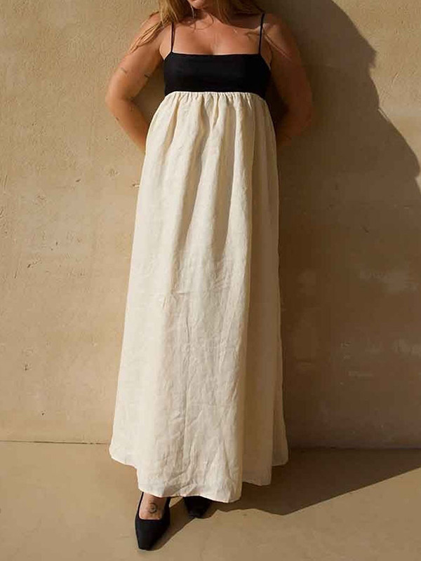 Split-Joint Pleated Contrast Color Loose A-Line Spaghetti-Neck Maxi Dresses