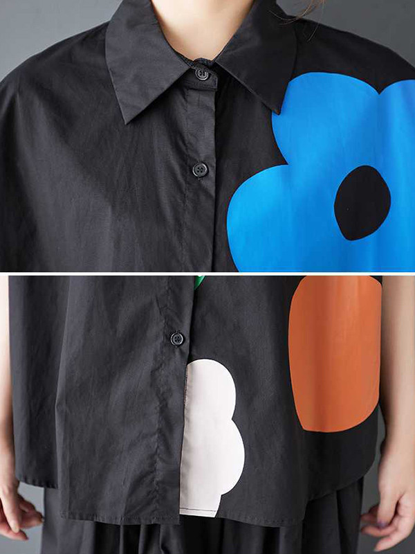 Flower Print Buttoned Short Sleeves Loose Lapel Blouses&Shirts Tops