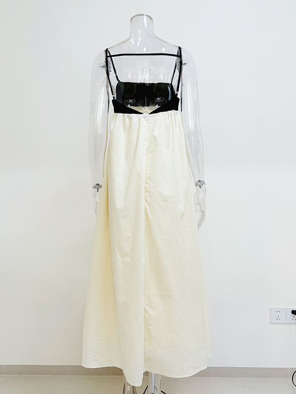Split-Joint Pleated Contrast Color Loose A-Line Spaghetti-Neck Maxi Dresses