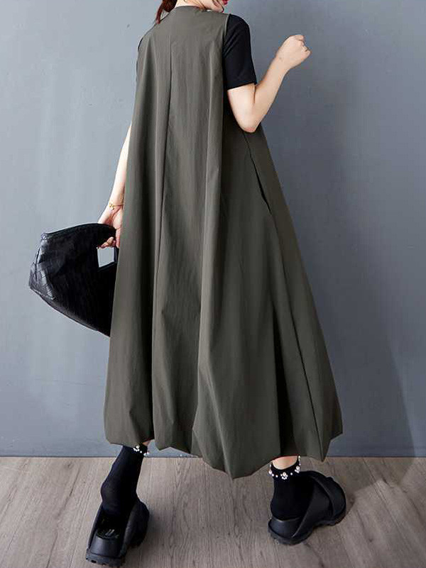 Solid Color Pockets Pleated Buttoned Sleeveless Loose V-Neck Vest Outerwear Midi Dresses