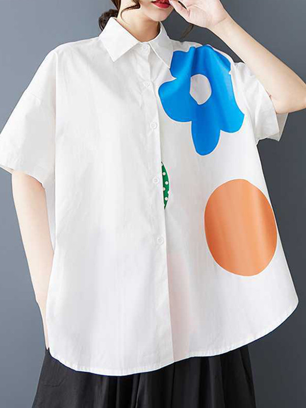Flower Print Buttoned Short Sleeves Loose Lapel Blouses&Shirts Tops