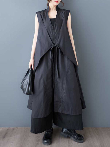 Zipper Tied Solid Color Pockets Sleeveless Loose V-Neck Shirt Dress Midi Dresses