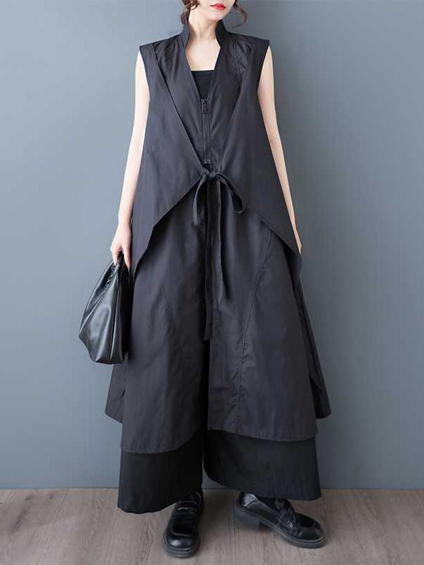 Zipper Tied Solid Color Pockets Sleeveless Loose V-Neck Shirt Dress Midi Dresses