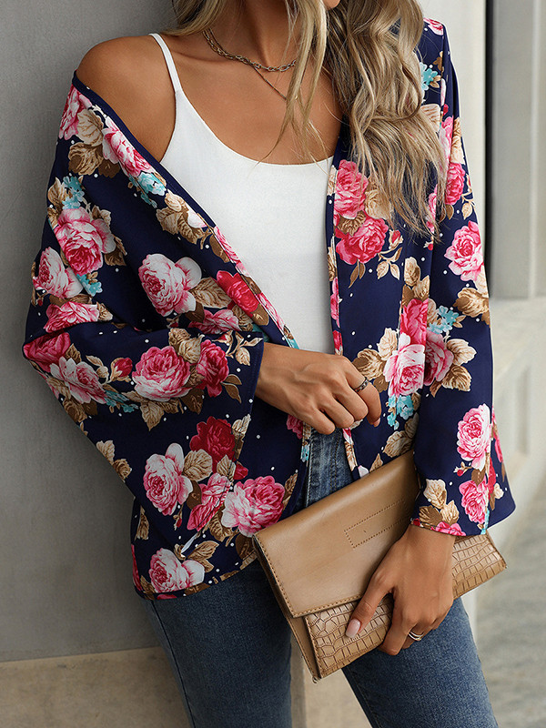 Flower Print Loose Long Sleeves Collarless Outerwear