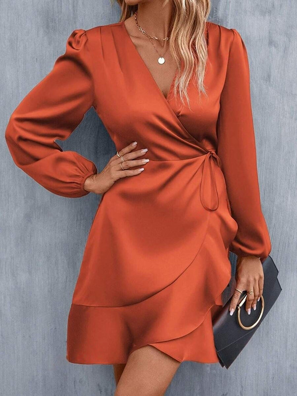 Tied Split-Joint Solid Color Pleated Elasticity Puff Sleeves Loose V-Neck Mini Dresses