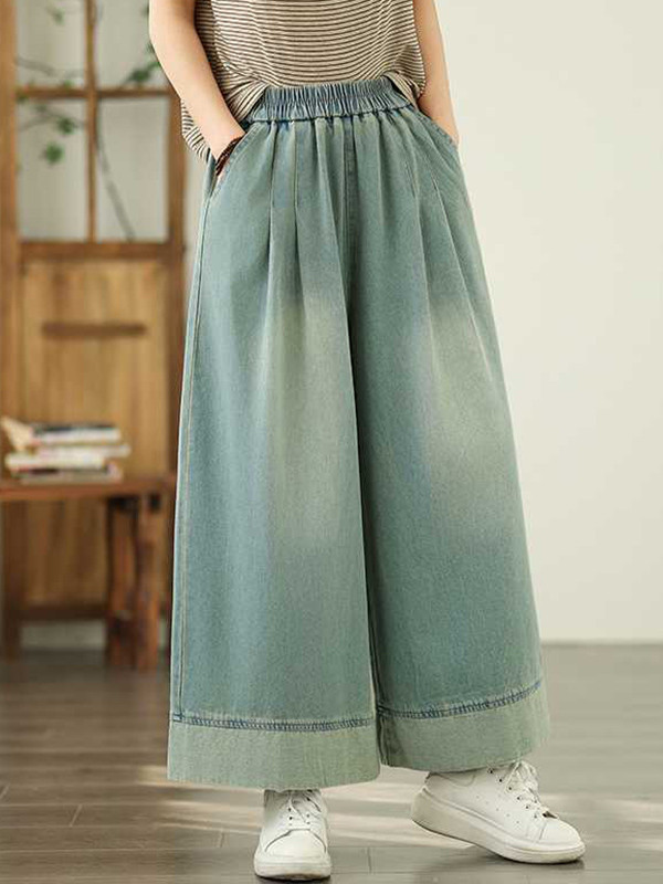 Pockets Pleated Elasticity Wide Leg Loose Trousers Jean Pants Bottoms