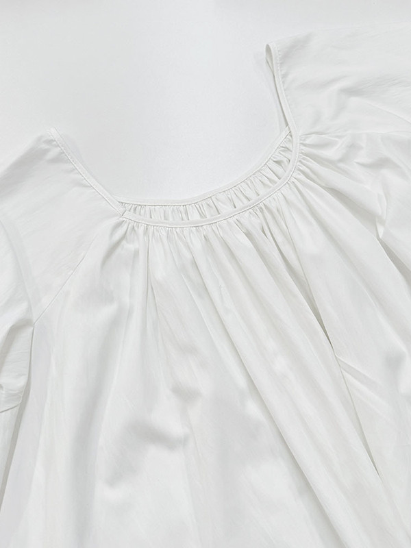 Split-Joint Solid Color Pleated Loose Flared Sleeves Round-Neck Maxi Dresses