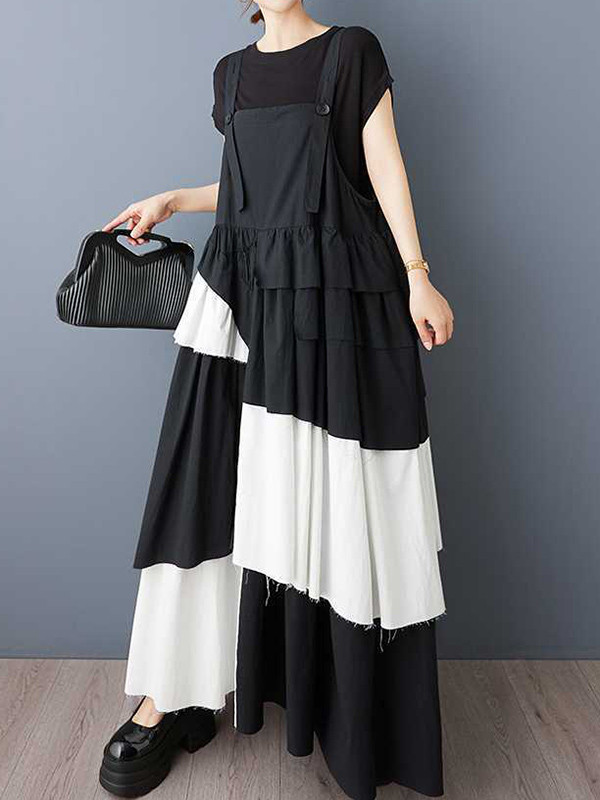 Pleated Buttoned Asymmetric Sleeveless Loose Spaghetti-Neck Suspender Dress Maxi Dresses
