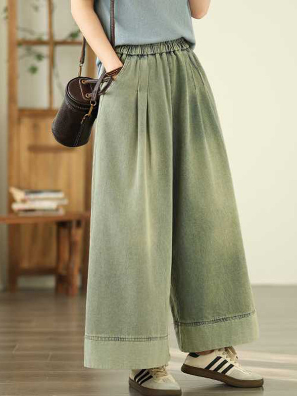 Pockets Pleated Elasticity Wide Leg Loose Trousers Jean Pants Bottoms