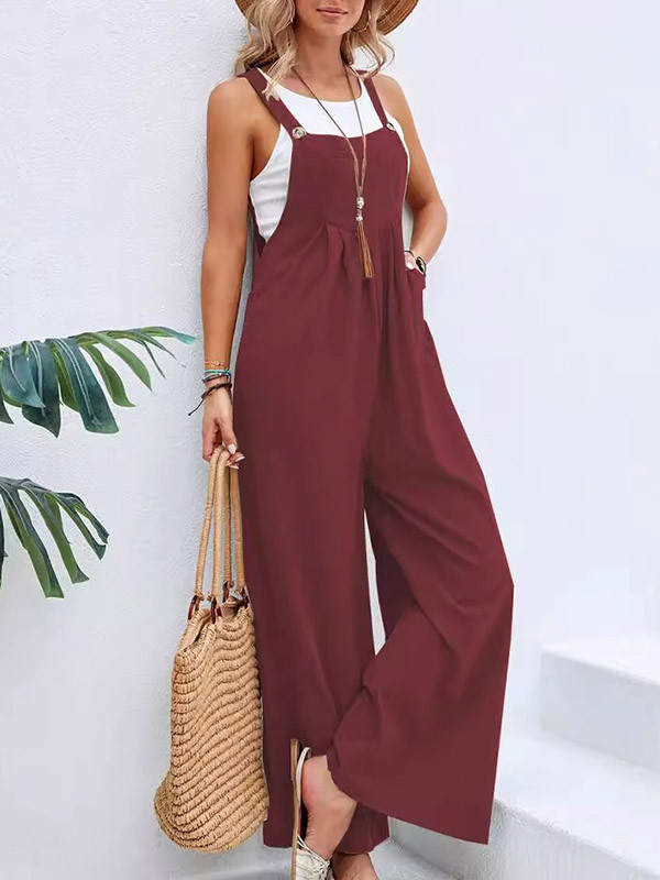 Split-Joint Pleated Wide Leg Sleeveless Square-neck Overalls